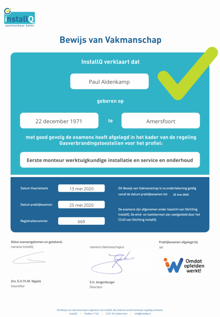 installq bewijs van vakkmanschap